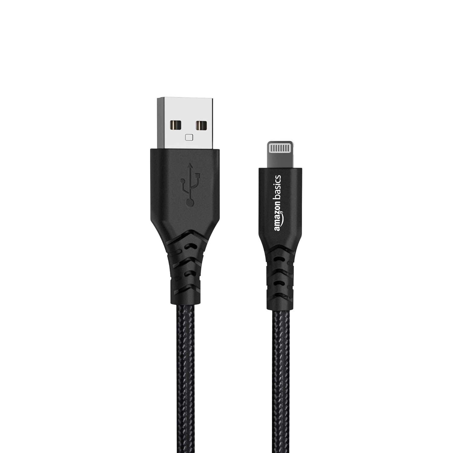 amazon basics PVC Molded Nylon USB A To Lightning Mfi Certified Charging Cable | Compatible with iPhone 13,12,11; 13,12,11 Pro; 13,12 11 Pro Max; 13,12 Mini (Black,1.2M)