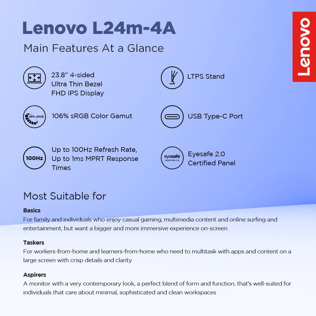 Lenovo L-Series 24 inch (60.4cm) FHD IPS Monitor| 100Hz, 1ms, FreeSync, 3Wx2 Speakers, 4xUSB-A, 1xUSB-C, 1x HDMI, PD-45W, Tilt, Swivel,Pivot Height Adjust Stand: for Home & Office use, Grey, L24m-4A