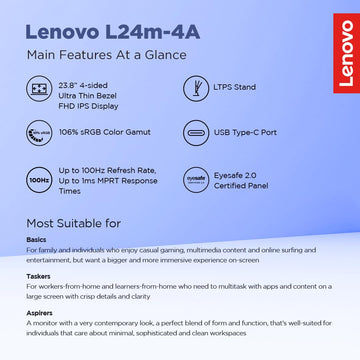 Lenovo L-Series 24 inch (60.4cm) FHD IPS Monitor| 100Hz, 1ms, FreeSync, 3Wx2 Speakers, 4xUSB-A, 1xUSB-C, 1x HDMI, PD-45W, Tilt, Swivel,Pivot Height Adjust Stand: for Home & Office use, Grey, L24m-4A