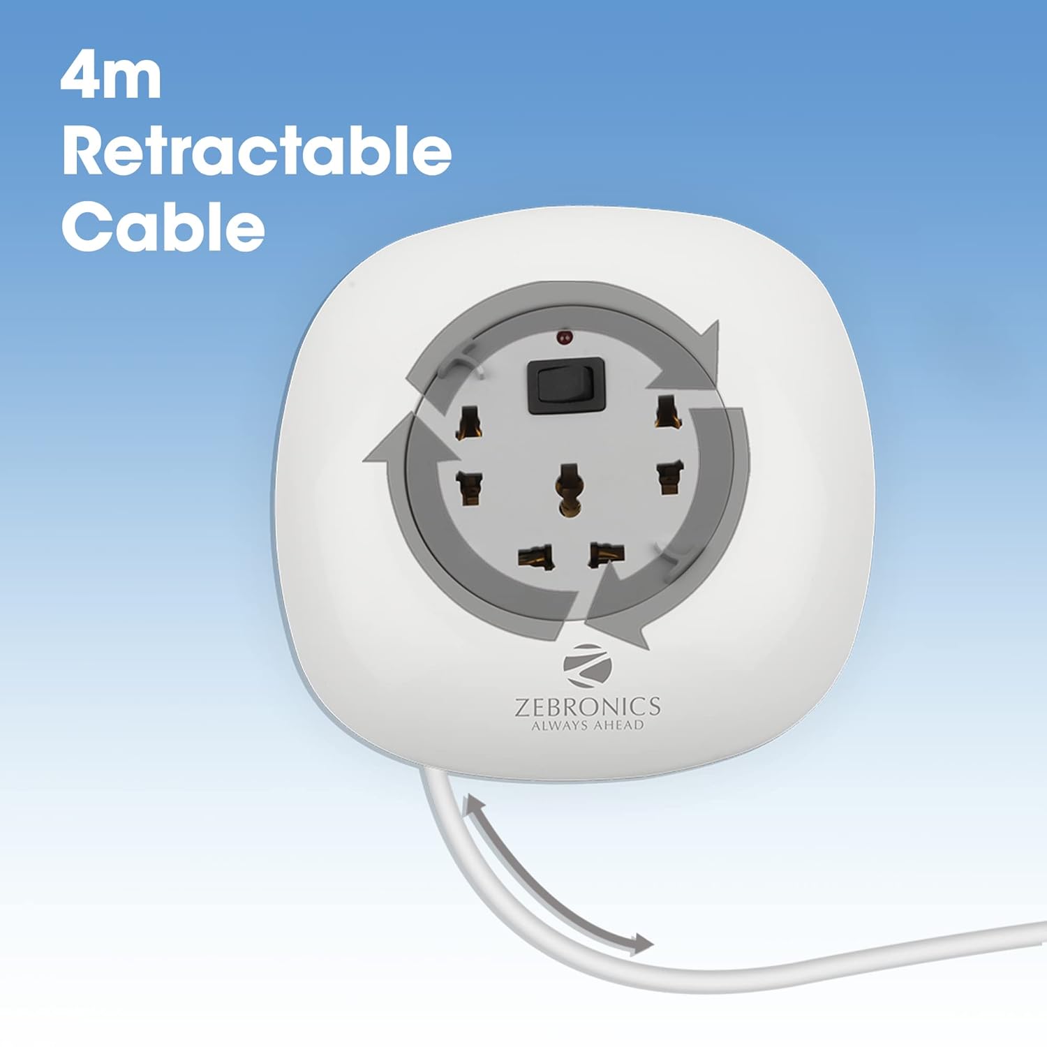 ZEBRONICS - Ps3400H Power Strip A 1500W Power Extension Socket with 3 Output Brass Sockets and 4M Retractable Cable(White), 250 Volts