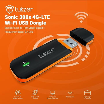 Tukzer 4G LTE Wireless USB Dongle Stick with All SIM Network Support | Plug &amp; Play Data Card with up to 150Mbps Data Speed | SIM Adapter Included (Black)