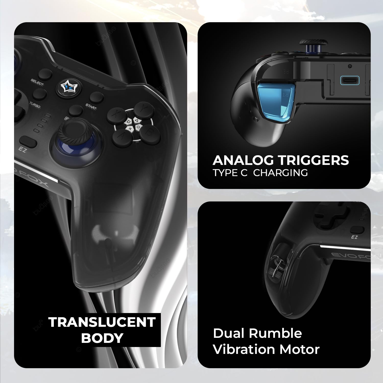 EvoFox Go Smartphone Bluetooth Gamepad for iPhones, iPads & Android | 2 Macro Back Buttons, Dual Vibration Motors, Turbo Mode, Analog Triggers, High Precision Joysticks | Android KeyMap Mode (Grey)