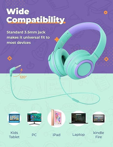 iClever Headphones for Girls with Mic Kids Headphones Wired, [2 Pack] 94dB Safe Volume Limited, Sharing Splitter, Tangle-Free Foldable Stereo Child Headset for Online School/Travel/iPad, Green&Blue