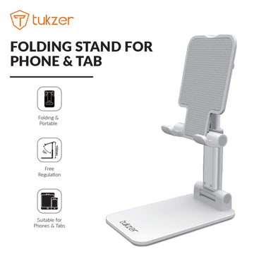 Tukzer Fully Foldable Tabletop Desktop Tablet Mobile Stand Holder - Angle & Height Adjustable for Desk, Cradle, Dock, Compatible with Smartphones & Tablets (White)