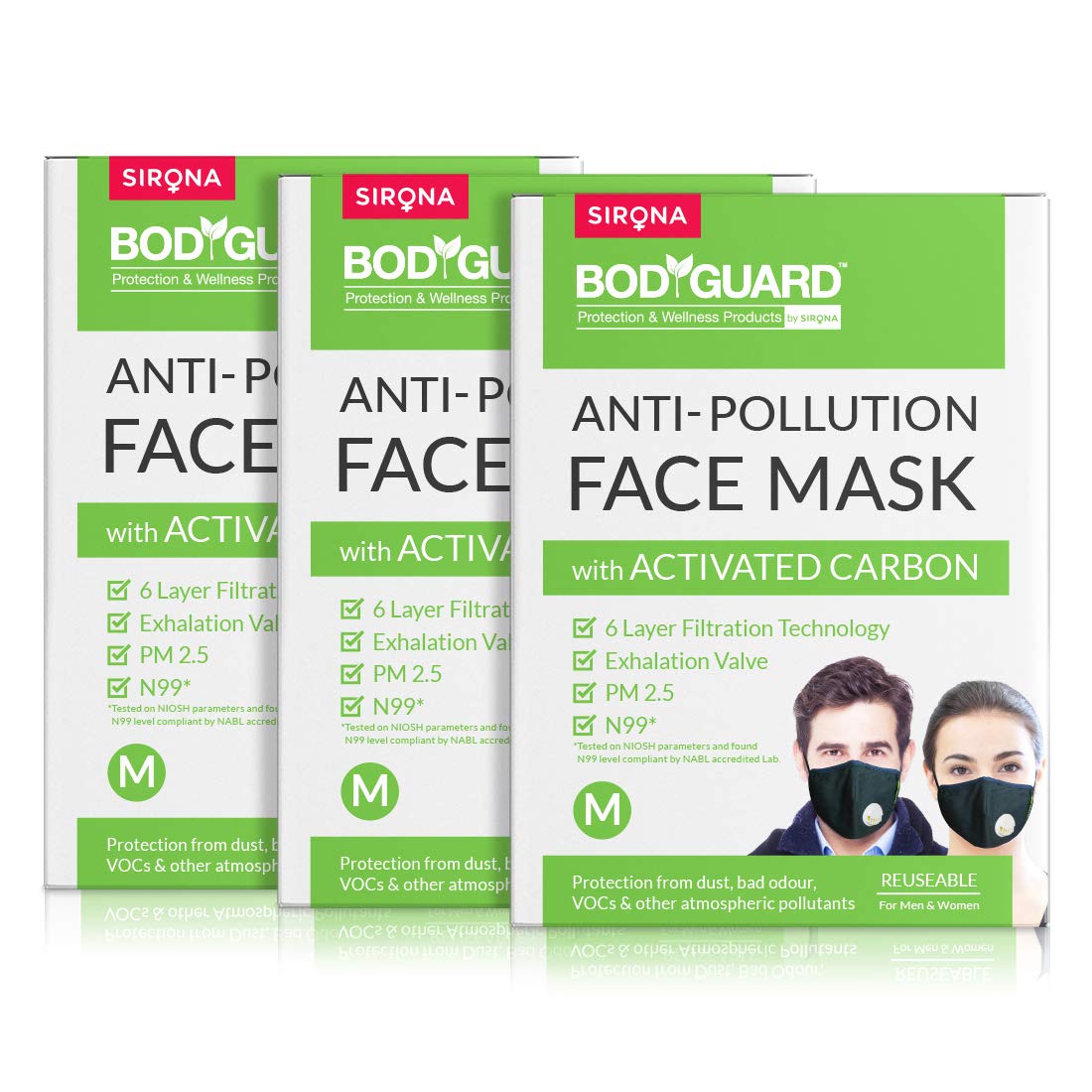 Bodyguard Reusable N99 + PM2.5 with 6 Layer Anti Pollution Face Mask - (Pack of 3, Medium)