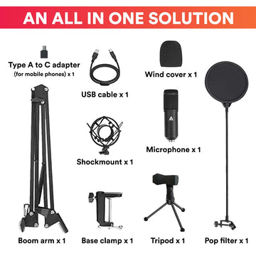 Audio Array AM-C1 USB Condenser Microphone Kit | 192kHz/24bit | BoomArm, Pop Filter, Mic Cover, Shock Mount, Tripod & 2.5M USB Cable | Podcasting, Gaming, Singing & Live Streaming
