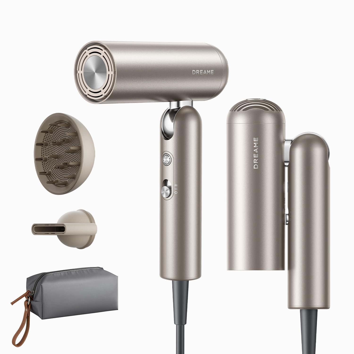 Dreame Pocket Pro Hair Dryer, Dual Voltage Travel Blow Dryer with Diffuser, 1300W Professional HighSpeed Ionic Hair Blower, Fast Drying, Low Noise, Lightweight, No Heat Damage, Global Travel 120V/240V