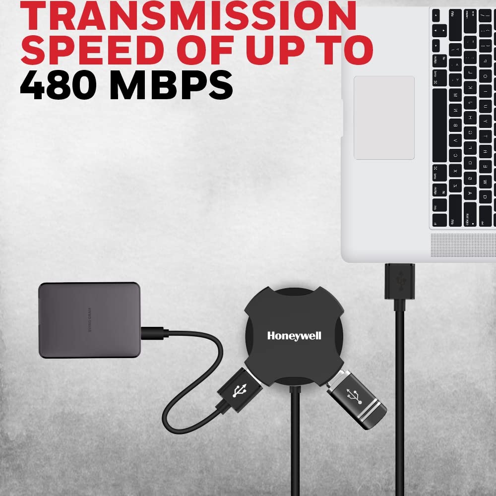 Honeywell 4 in 1 Ultra Slim USB Hub 2.0,1.2Meter(4 feet) Cable, with a Transfer Speed of 480MBPS, Universally Compatible with All USB PC Speaker Laptop Hard Drive Keyboard Printer Pen Drive