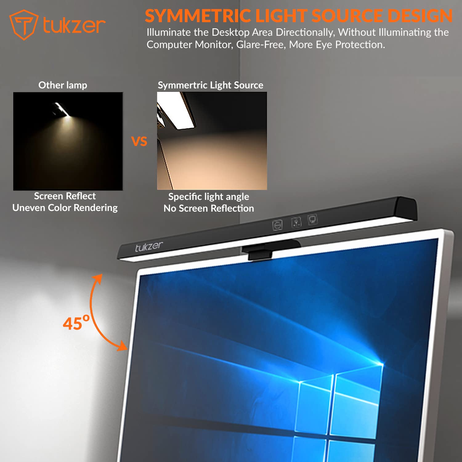Tukzer 19-Inch Monitor Screen Light Bar with Smart Touch Sensor| USB Powered 5W LED E-Reading Lamp| 3 Color Temperature Modes, Stepless Dimming,60-Min Timer (Black)