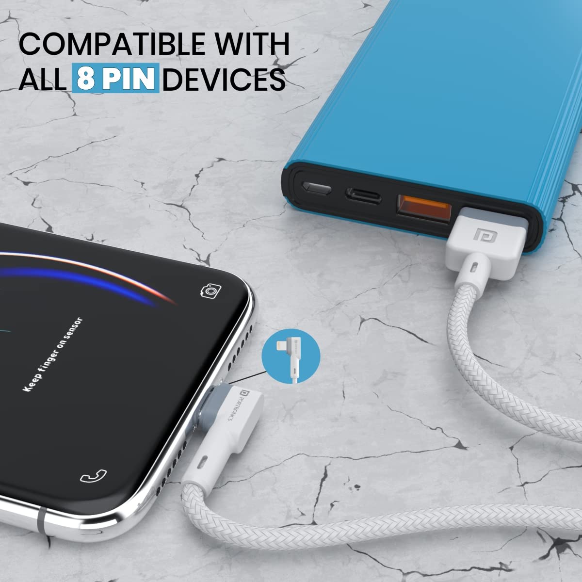 Portronics Konnect L 1.2M POR-1401 Fast Charging 3A 8 Pin USB Cable with Charge & Sync Function (White)