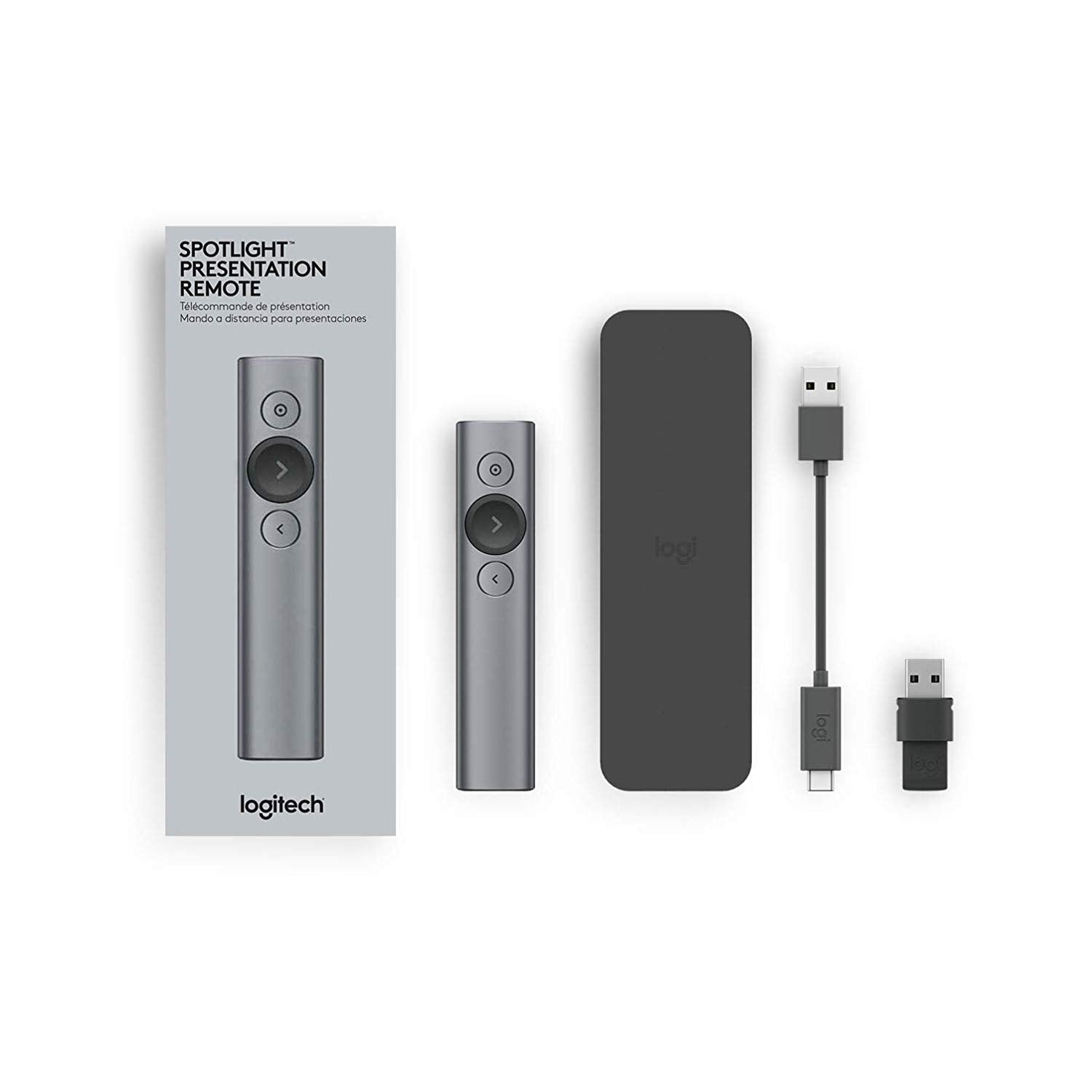 Logitech Spotlight Presentation Remote - Universal Wireless Presentation Clicker with Laser Pointer, Advanced Digital Highlighting, Bluetooth, 30 m Range and Quick Charging - Slate