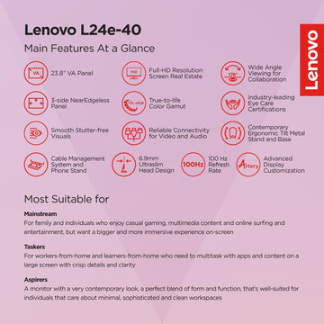 Lenovo L-Series 24 inch (60.45cm)| FHD Ultraslim Monitor| 100Hz, 72% NTSC, 4ms, AMD FreeSync, HDMI 1.4, VGA, Tilt Stand, for Home & Office use, 3 Year Warranty, Cloud Grey L24e-40
