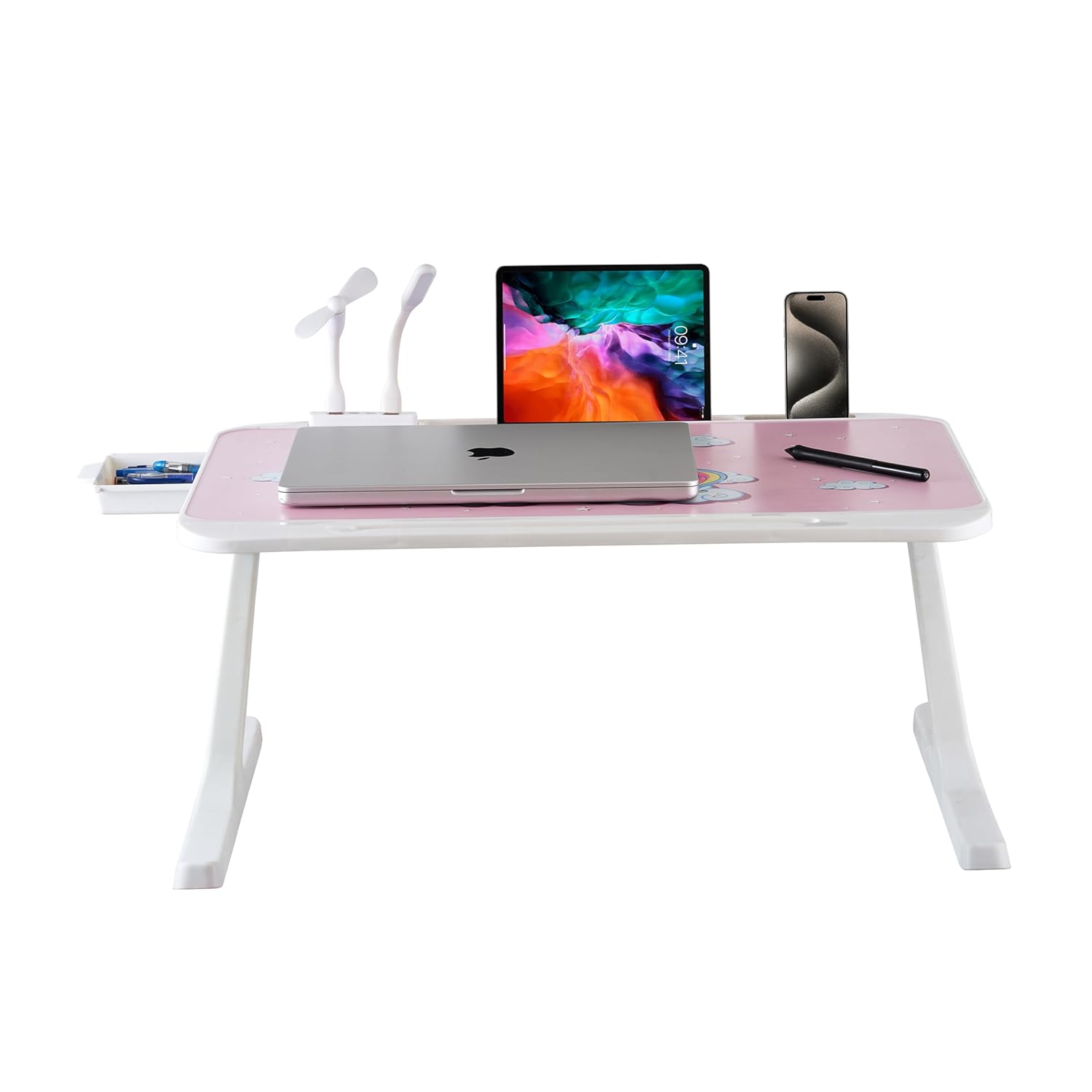 GoRogue Laptop Table for Bed & Sofa, Foldable Desk with Cup Holder, Drawer & Built-in USB Hub with Free Mini Fan, LED Lamp (Pink)