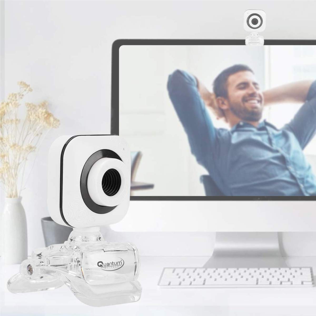 Quantum QHM495B 360 Degree Rotation PC HD Camera, with Built-in Microphone, USB Computer Camera Laptop Desktop Webcams, Drive-Free Streaming Web Camera, for Video Calling, Video Conferencing, (White)