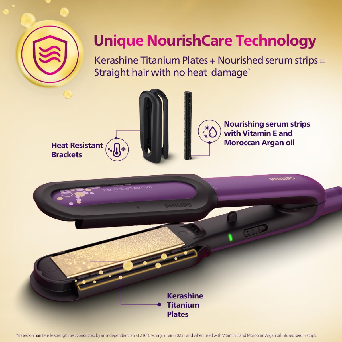 Philips India's No.1 Hair Styling Brand NourishCare Hair Straightener, No Heat Damage, Vitamin E Argan Oil Serum Strips, SilkProtect, Moisture Lock, 2 Temperature Settings, For Indian Hair, BHS526