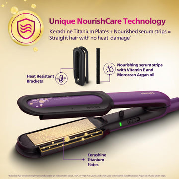 Philips India's No.1 Hair Styling Brand NourishCare Hair Straightener, No Heat Damage, Vitamin E Argan Oil Serum Strips, SilkProtect, Moisture Lock, 2 Temperature Settings, For Indian Hair, BHS526