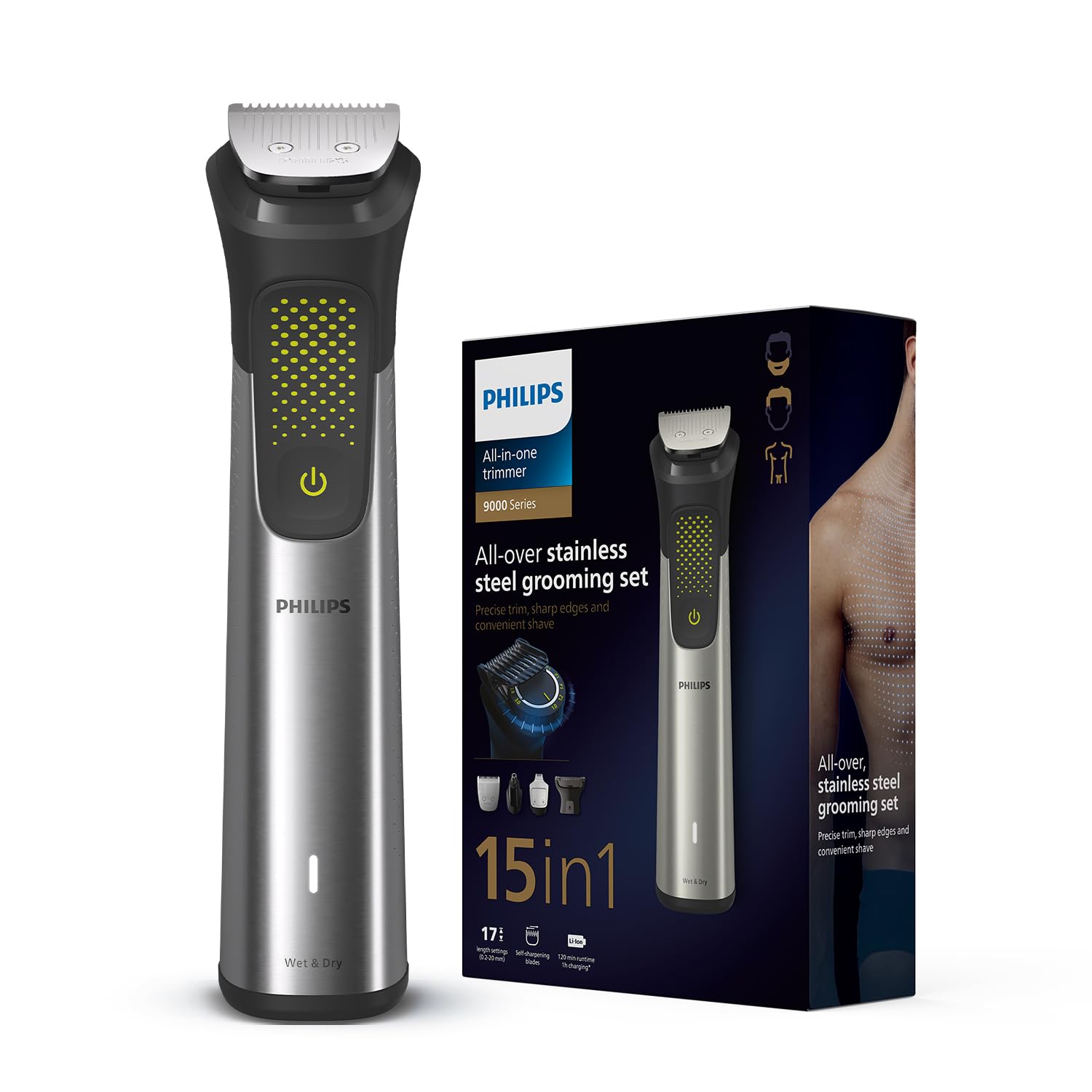 Philips India's No.1 Men's Trimmer* | Luxurious Stainless Steel Design | BeardSense Technology | All-in-One Grooming Kit- Beard, Hair, Body, Intimate | 120min runtime | IPX7 | 5yr warranty* | MG9532