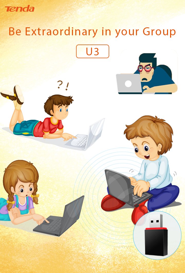 Tenda U3 WiFi Dongle 300Mbps USB Wireless Adapter, 2.4GHz, 2 Internal Antennas, USB 2.0, WPS, Soft AP Mode, Supports Windows 10/8.1/8/7 / XP, Mac OS 10.7~10.12, Linux (Black)