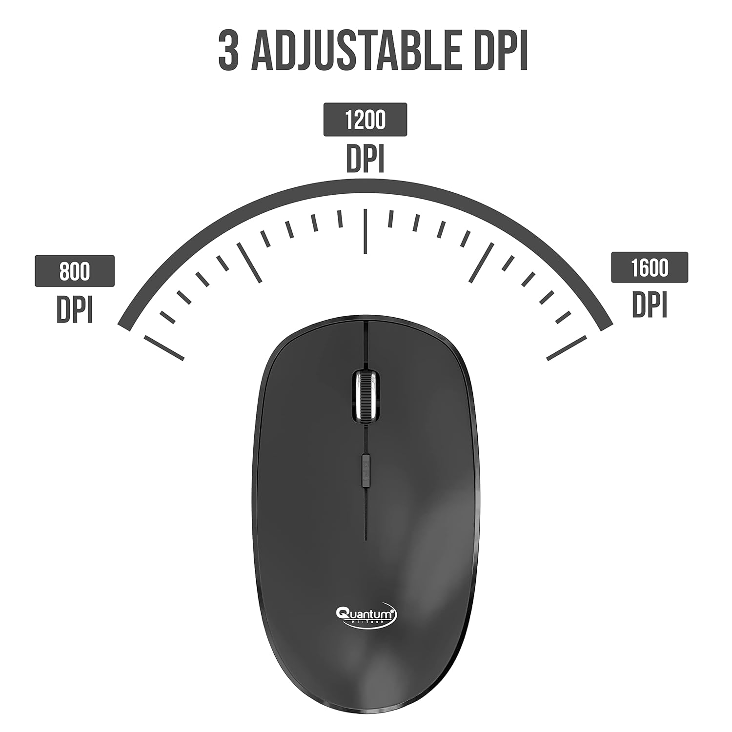 Quantum Wireless Mouse with Upto 12 Months Battery Life(Cell Included), Silent Keys, 800/1200/1600 DPI, USB Nano Receiver, USB to Type-C Connector, Slim Wireless Mouse for PC, Laptop, MacBook (Black)