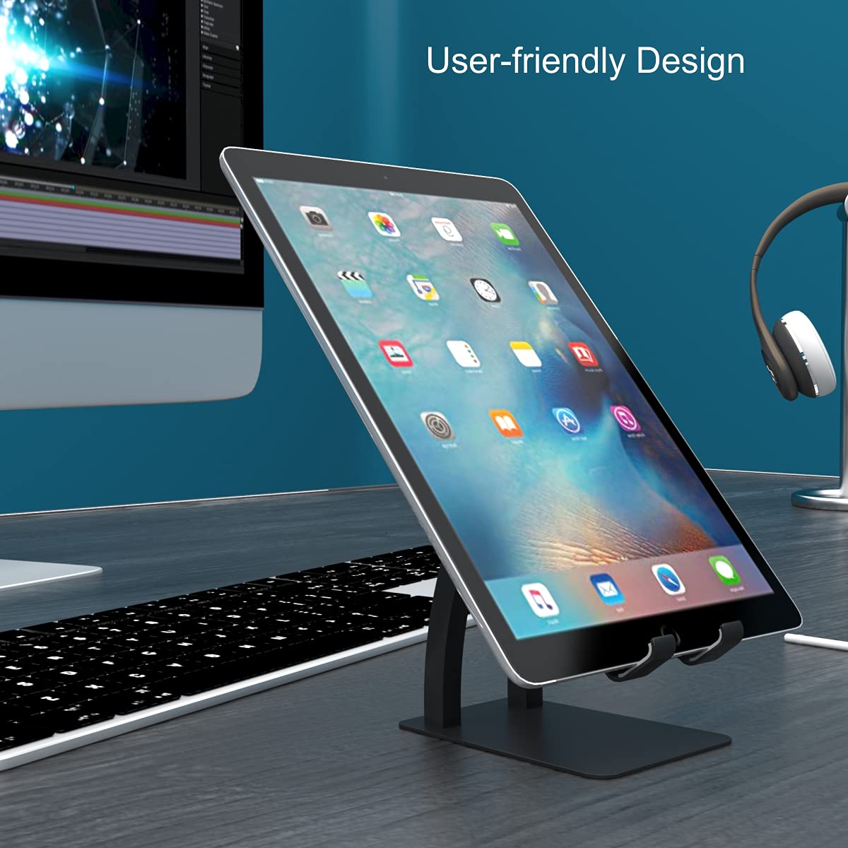 Portronics Modesk Burj Mobile Holding Tabletop Stand 180 Degree View I Metal Body I Wide Compatibility I Anti Skid Design (Black)