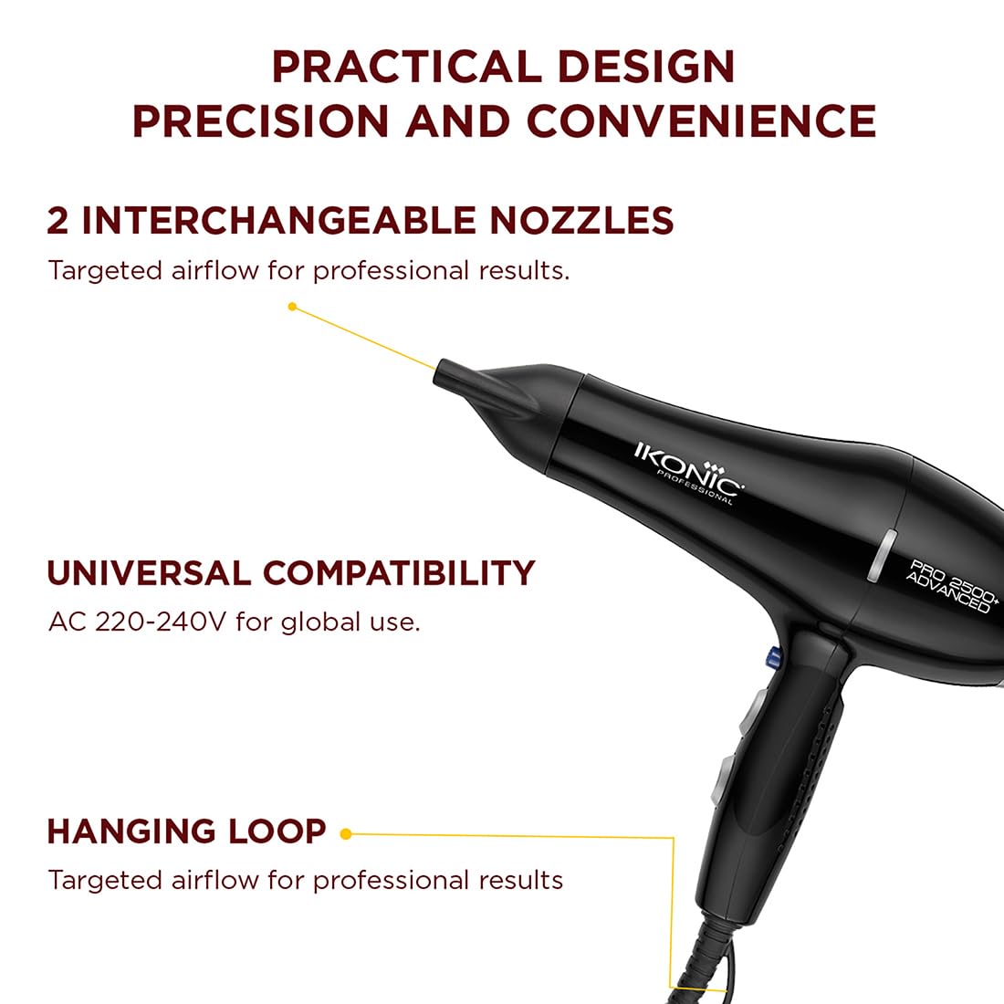 Ikonic Professional Pro 2500+ Advanced Hair Dryer 2500W-2800W, 23000 Rpm Ac Motor, Ionic Technology Anti-Frizz Blow Dryer For Smooth Shiny Hair, 3 Heat & 2 Speed Settings, Cool Shot Button, 2 Nozzles, Overheat Protection, For Men & Women, Black