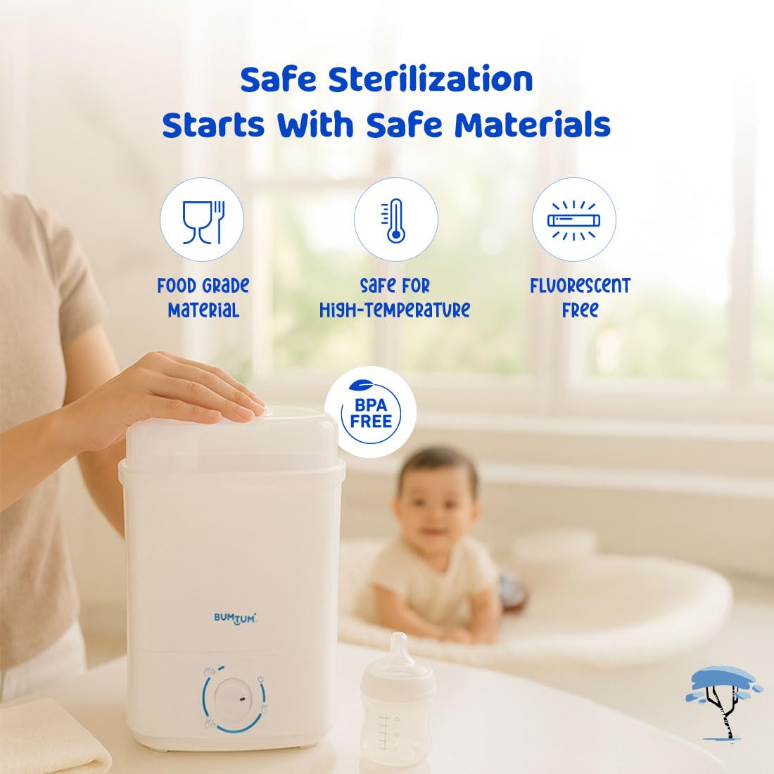 Bumtum Stainless Steel Plate Enhanced Steam Sterilizer with Dryer – Safely Sterilize and Dry All Baby Essentials Including Feeding Bottles, Breast Pump & More (Blue)