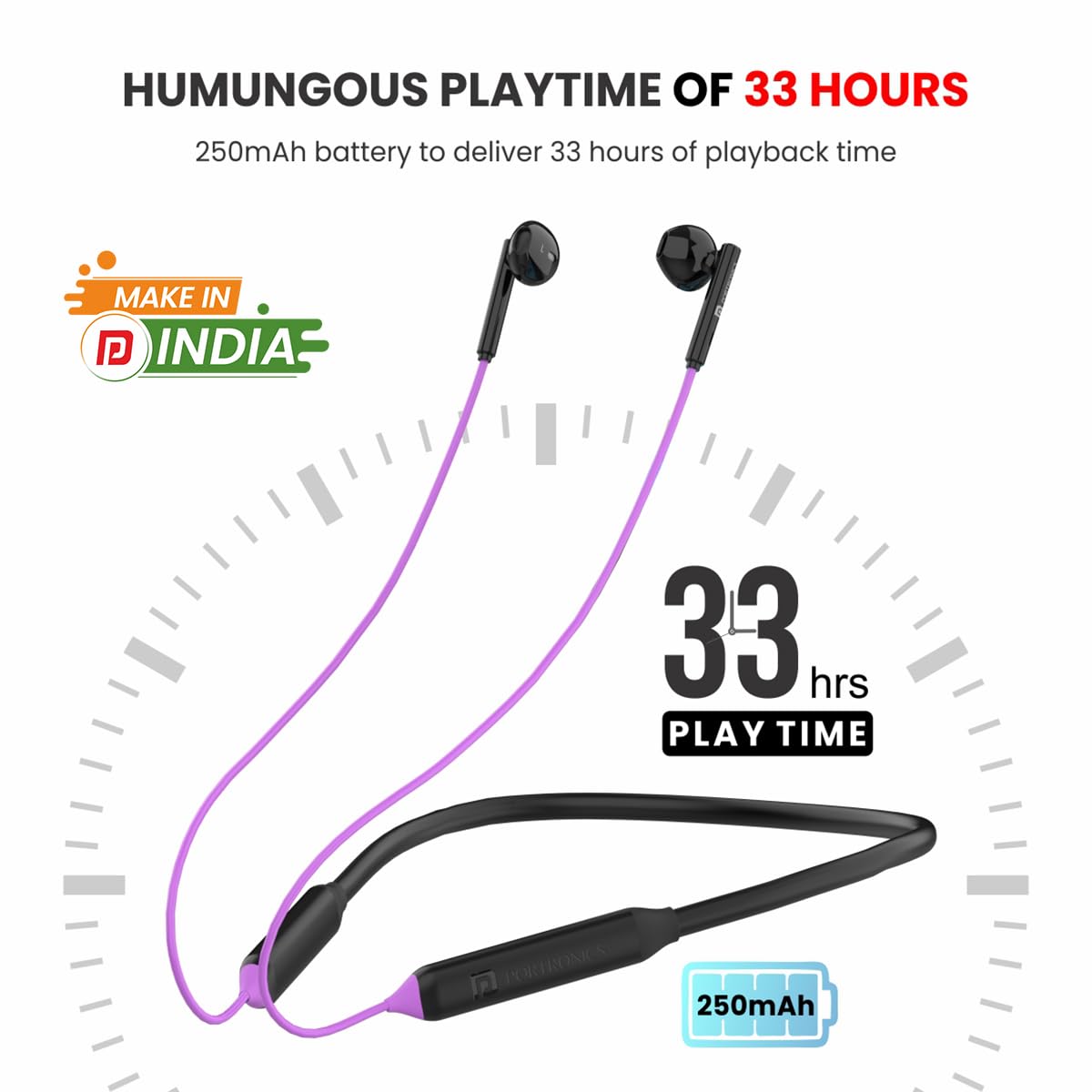 Portronics Harmonics Z5 Wireless Bluetooth Stereo Headset with 33Hrs Playtime, Double EQ Mode, 14.2 mm Dynamic Drivers, Click Action Buttons(Purple)