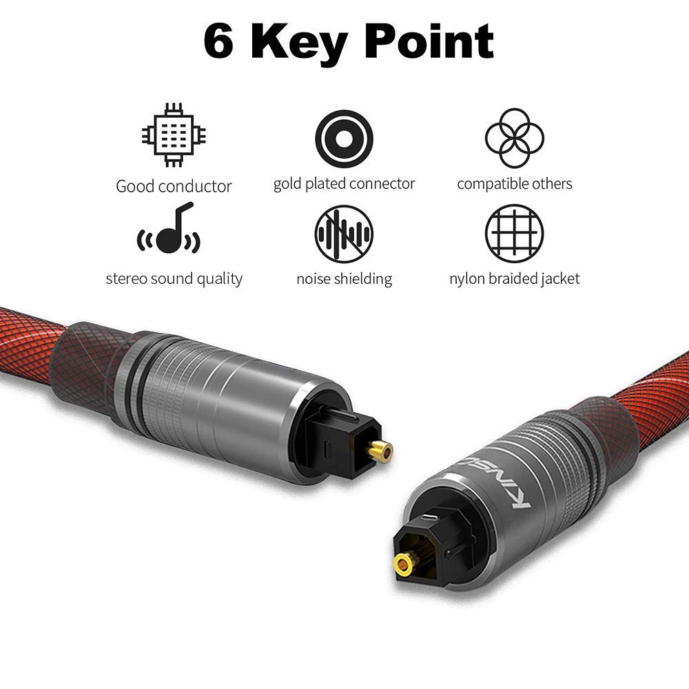 Kinsound Optical Audio Toslink Cable, Dolby Fiber Optic Cable with Gold-Plated Connectors Nylon Braided for Home Theater, Sound Bar, TV, Xbox, PS4, Projector & More 1M