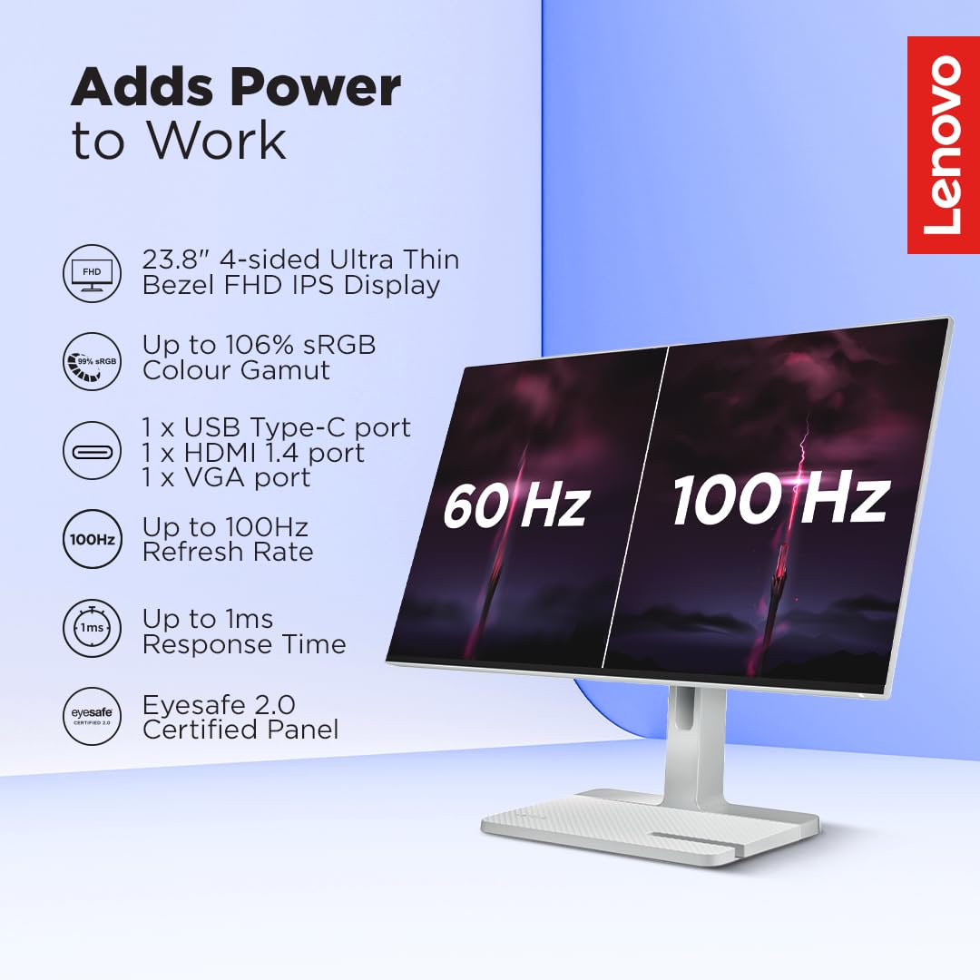Lenovo L-Series 24 inch (60.4cm) FHD IPS Monitor| 100Hz, 1ms, FreeSync, 3Wx2 Speakers, 4xUSB-A, 1xUSB-C, 1x HDMI, PD-45W, Tilt, Swivel,Pivot Height Adjust Stand: for Home & Office use, Grey, L24m-4A