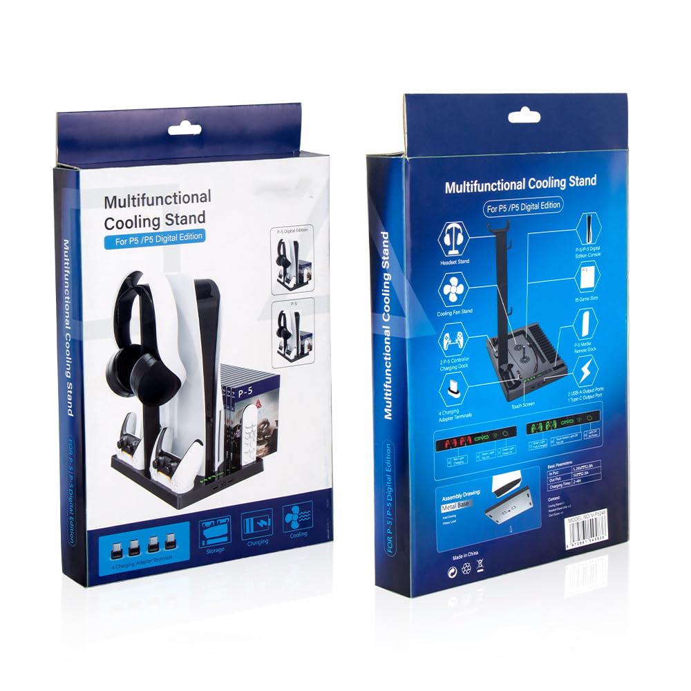 New World Vertical Stand for PS5 Digital Edition and Disc Edition Console with Cooling Fan, Controller Charging Station and 15 Game Cards Slots and Headset Stand for PS5
