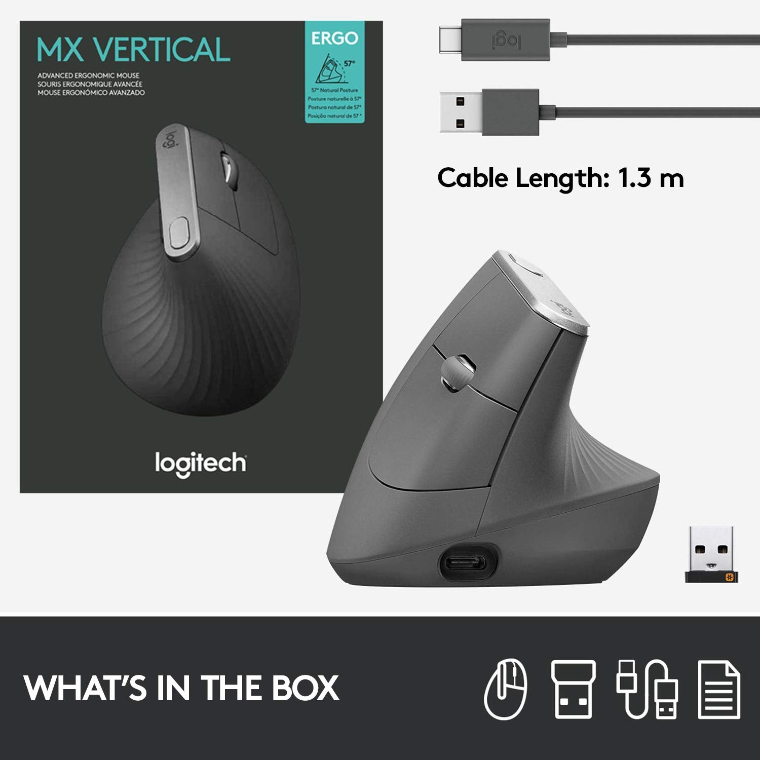 Logitech MX Vertical Advanced Ergonomic Mouse, Wireless via Bluetooth or Included USB Receiver