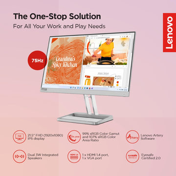 Lenovo L22i-40, 22 inch (54.6cm), IPS, FHD, 75Hz, Grey, 4ms, AMD FreeSync, 99% sRGB, 2X3W Speakers, HDMI 1.4, VGA, Tilt Stand, 3 Year Warranty Monitor