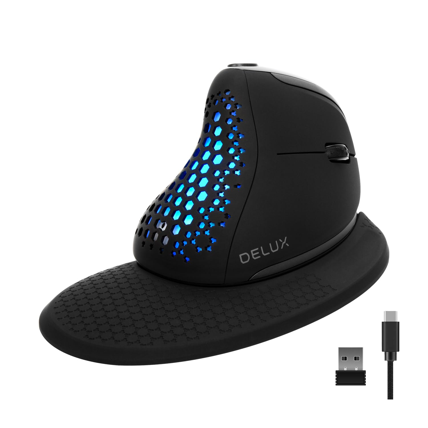 DeLUX Seeker Wireless Ergonomic Vertical Mouse with OLED Screen, BT and USB Receiver, Connect with Up to 4 Devices, Thumb Wheel, 4000DPI, Programmable Rechargeable Silent Mouse(M618XSD-Black)