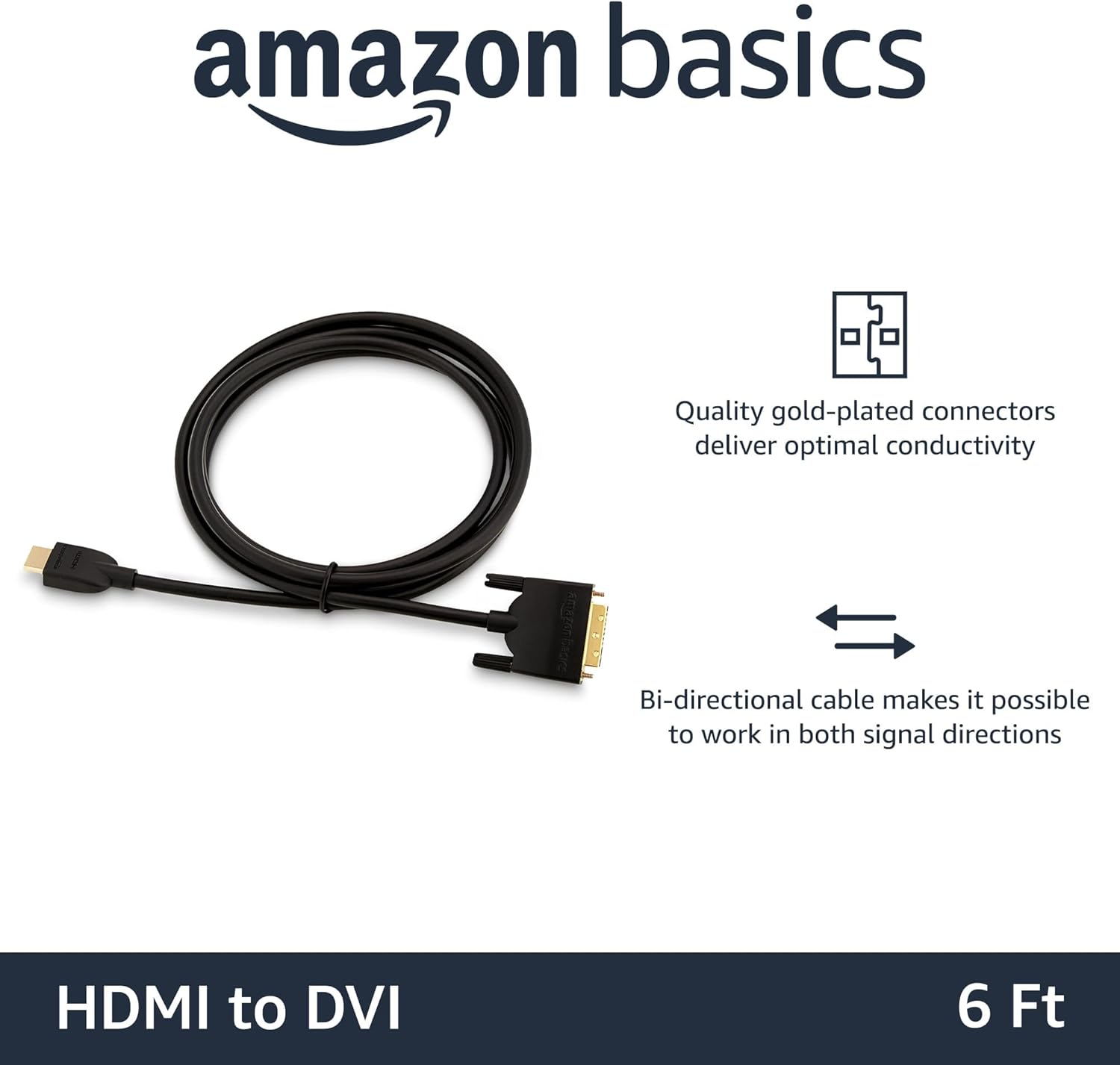 Amazon Basics HDMI-A to DVI (Male) Adapter Cable, Bi-Directional 1080P, Gold-Plated, 6 ft/1.8 m, Single Pack for Television, Black