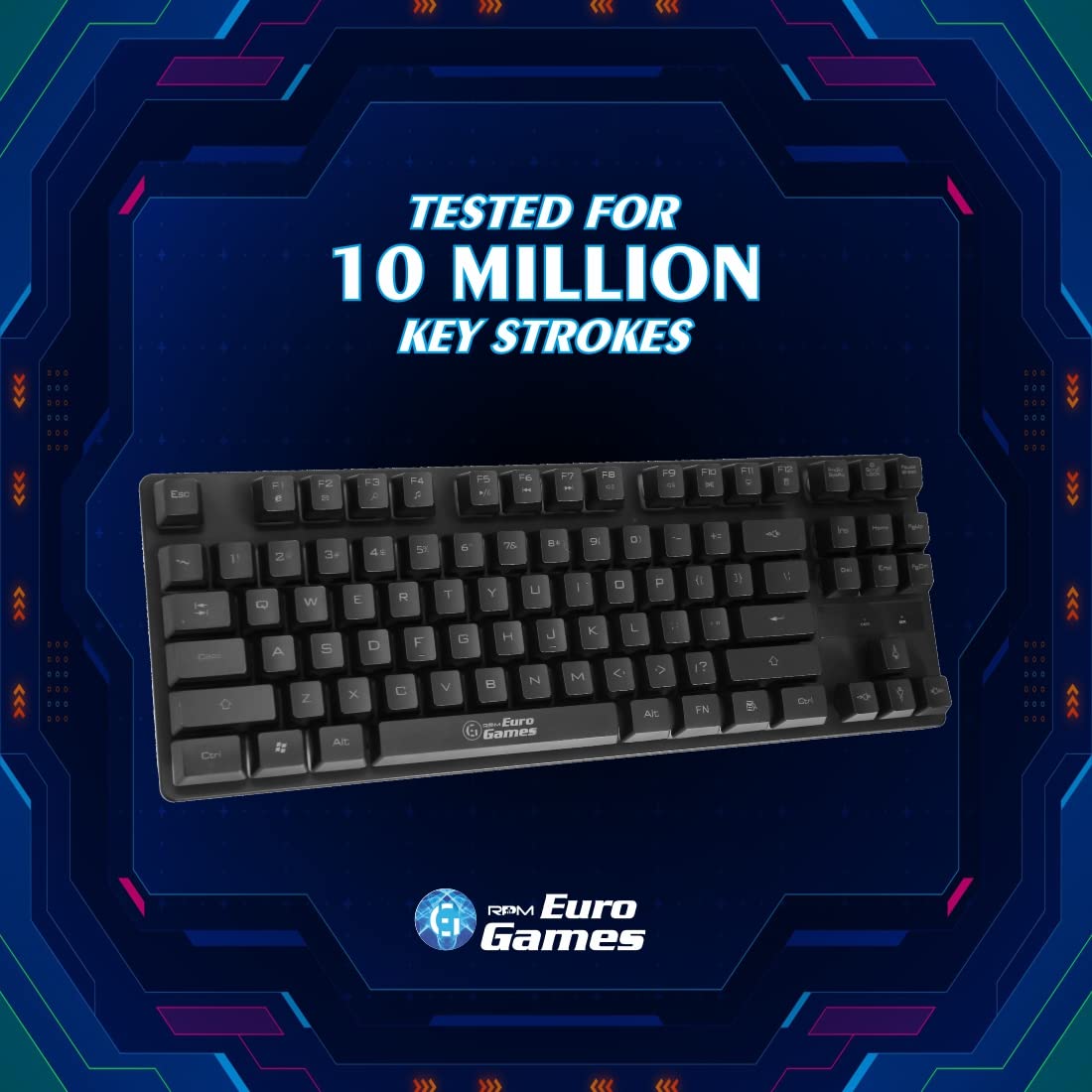 RPM Euro Games Gaming Keyboard Wired | 87 Keys Space Saving Design | Membrane Keyboard with Mechanical Feel | LED Backlit & Spill Proof Design
