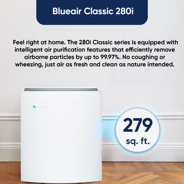Blueair air purifier 280i Cleans 279 Sqft in 12.5 minutes Removes 99.99% pollutants upto 0.03 micron Unique HEPA Silent technology AHAM & cARB, Energy Star- White.