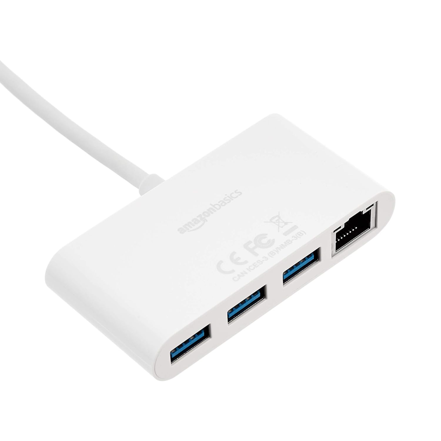 AmazonBasics 3-Port USB 3.0 Adapter with RJ45 Gigabit Ethernet Port, White