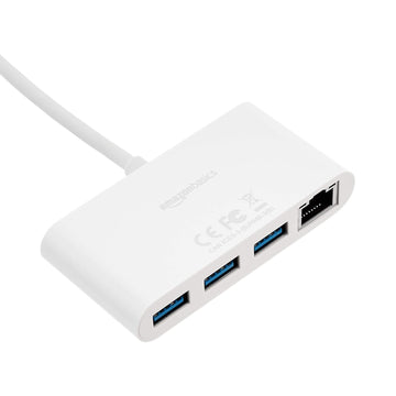 AmazonBasics 3-Port USB 3.0 Adapter with RJ45 Gigabit Ethernet Port, White