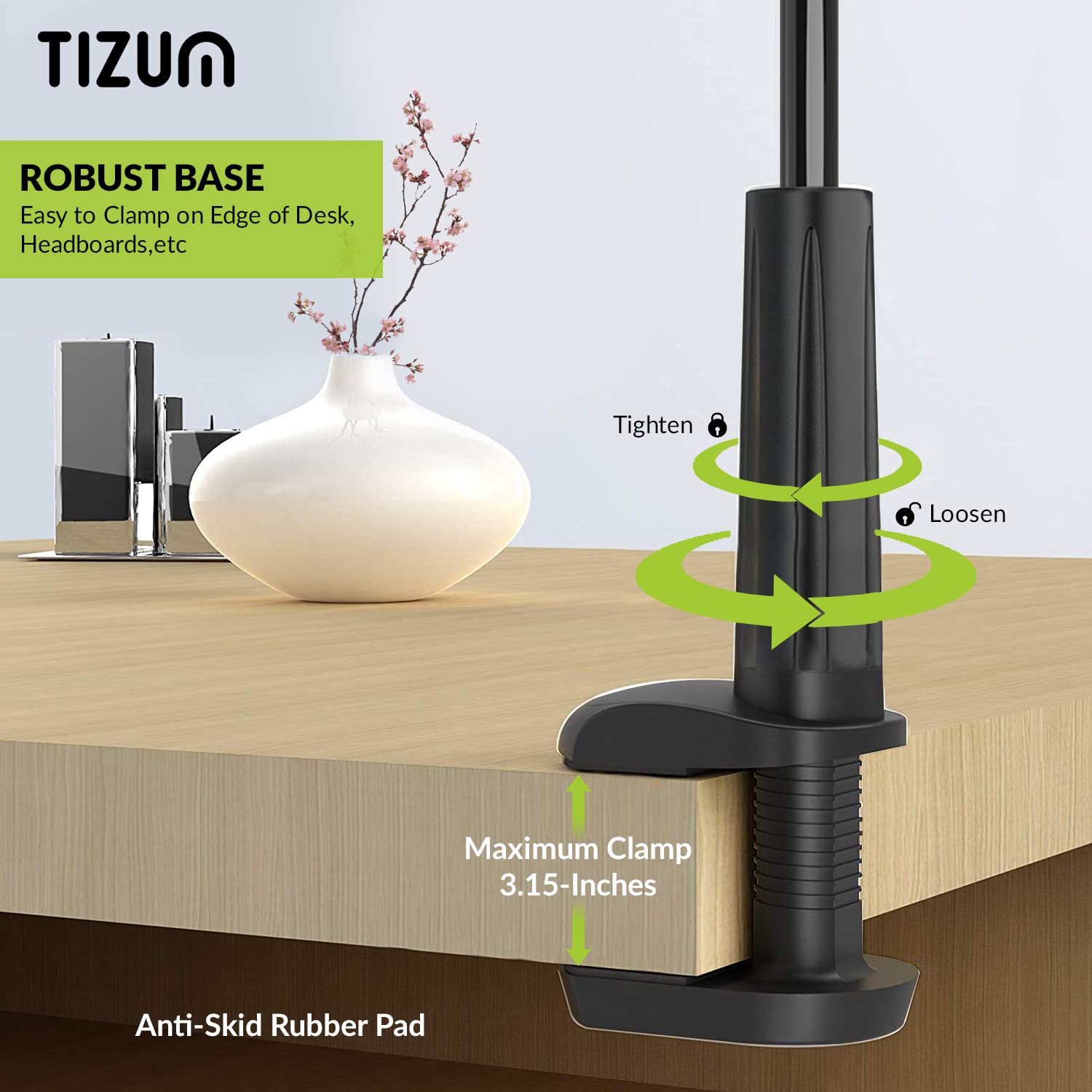 Tizum Mobile & Tablet Holder with 360 Rotation, Mobile Stand with Anti-Slip Silicone Pads & Fully Flexible Gooseneck Arm & for Bed, Table, Bathroom for All Tablet/Smartphones 4 to 10.4 Inches, Black