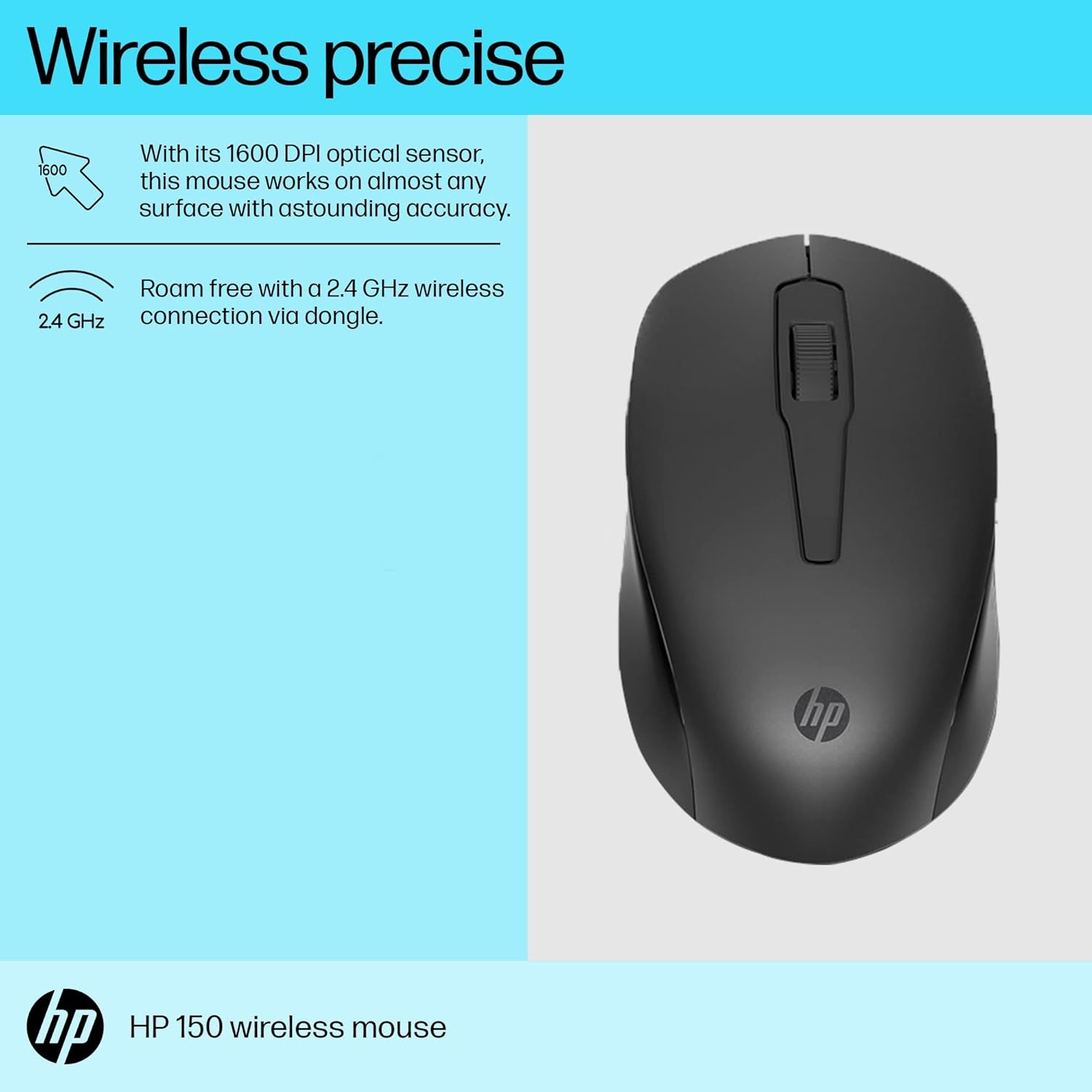 HP 150 Wireless USB Mouse with Ergonomic and ambidextrous Design, 1600 DPI Optical Tracking, 2.4 GHz Wireless connectivity, Dual-Function Scroll Wheel and 12 Month Long Battery Life
