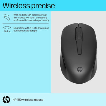 HP 150 Wireless USB Mouse with Ergonomic and ambidextrous Design, 1600 DPI Optical Tracking, 2.4 GHz Wireless connectivity, Dual-Function Scroll Wheel and 12 Month Long Battery Life