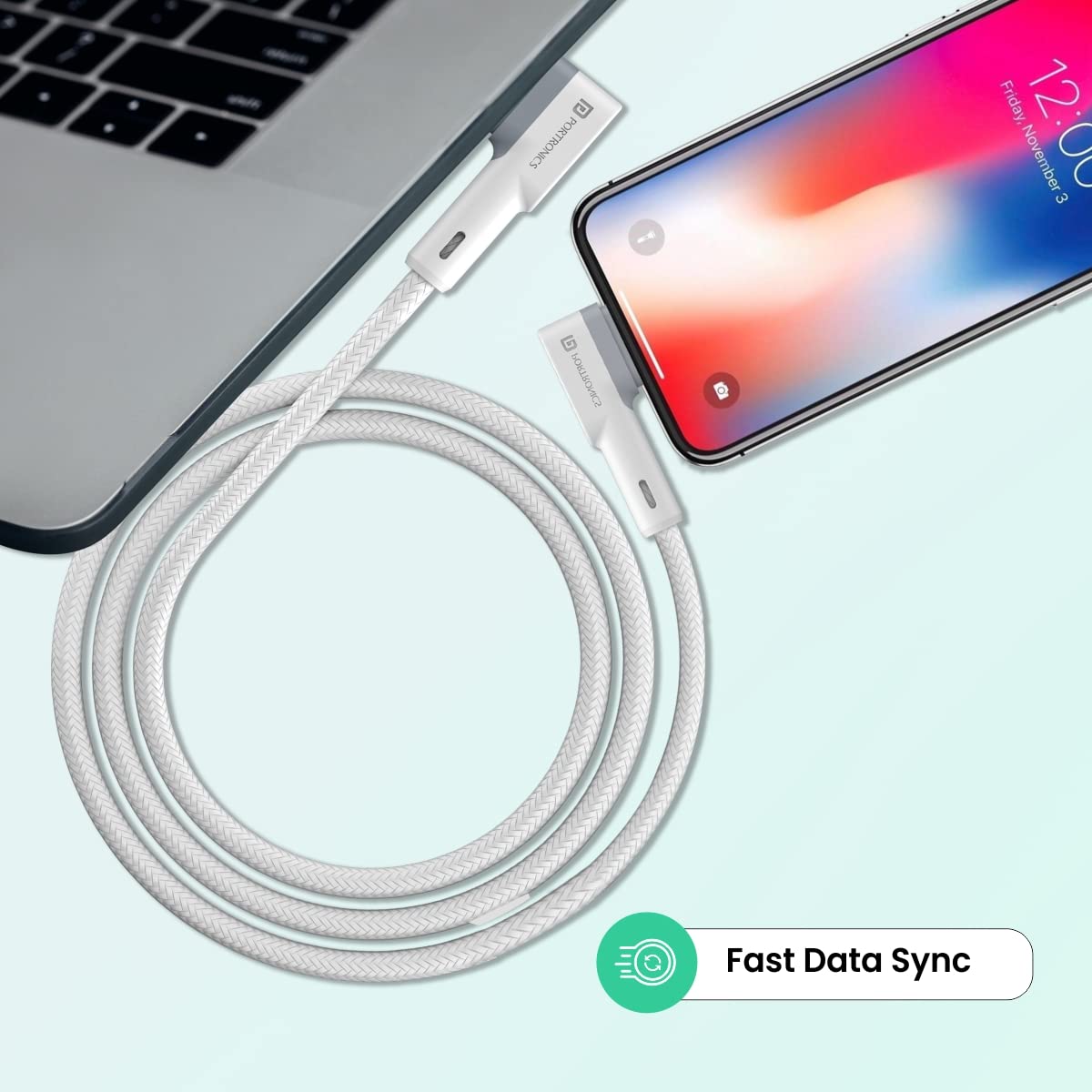 Portronics Konnect L 20W PD Quick Charge Type-C to 8-Pin USB Mobile Charging Cable, 1.2M, Tangle Resistant, Fast Data Sync(White)