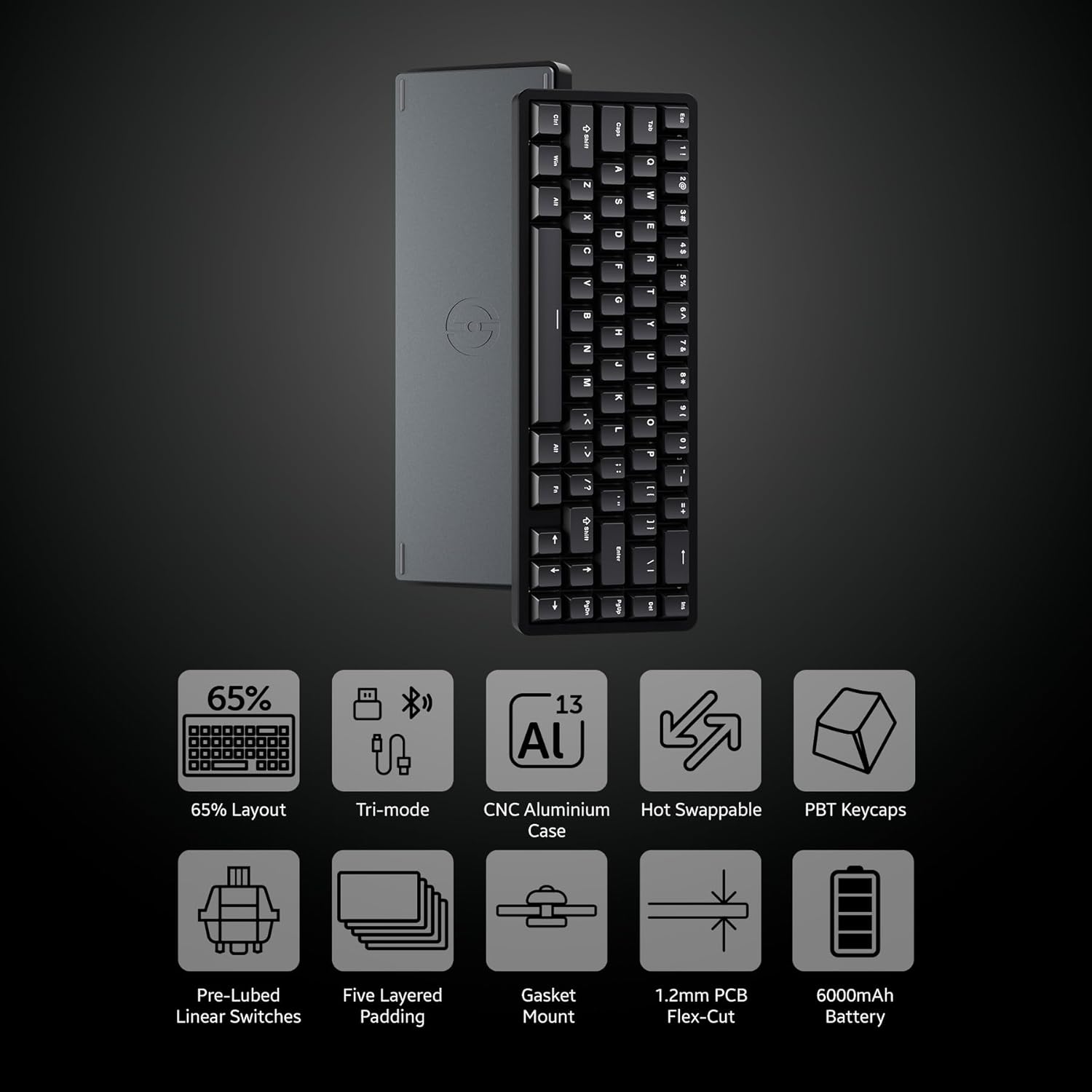 Chilkey ND65 Wireless Aluminum Mechanical Keyboard, 65% Layout Portable Gaming Keyboard, Tri-Mode BT5.0/2.4GHz/USB-C Hot Swappable Custom RGB Backlit Key Board for Laptop Office PC - Black