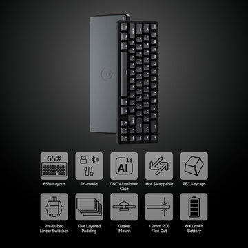 Chilkey ND65 Wireless Aluminum Mechanical Keyboard, 65% Layout Portable Gaming Keyboard, Tri-Mode BT5.0/2.4GHz/USB-C Hot Swappable Custom RGB Backlit Key Board for Laptop Office PC - Black