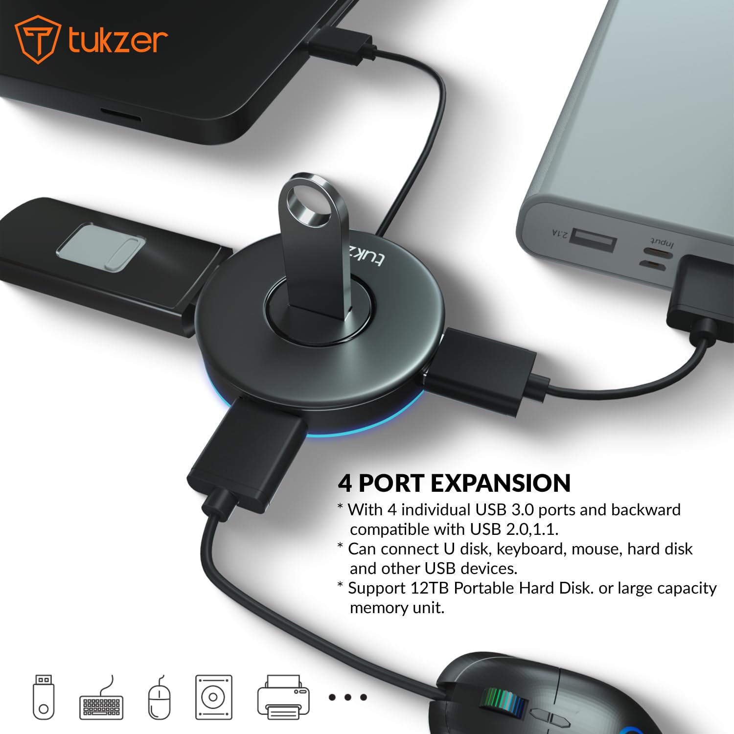 Tukzer 4-Ports USB A to USB 3.0 HUB with High-Speed Data Transfer & Fast Charging| Compatible for MacBook, Mac Mini, iMac Pro, Microsoft Surface, UltraBooks, Laptops, Notebooks & Desktops (Black)
