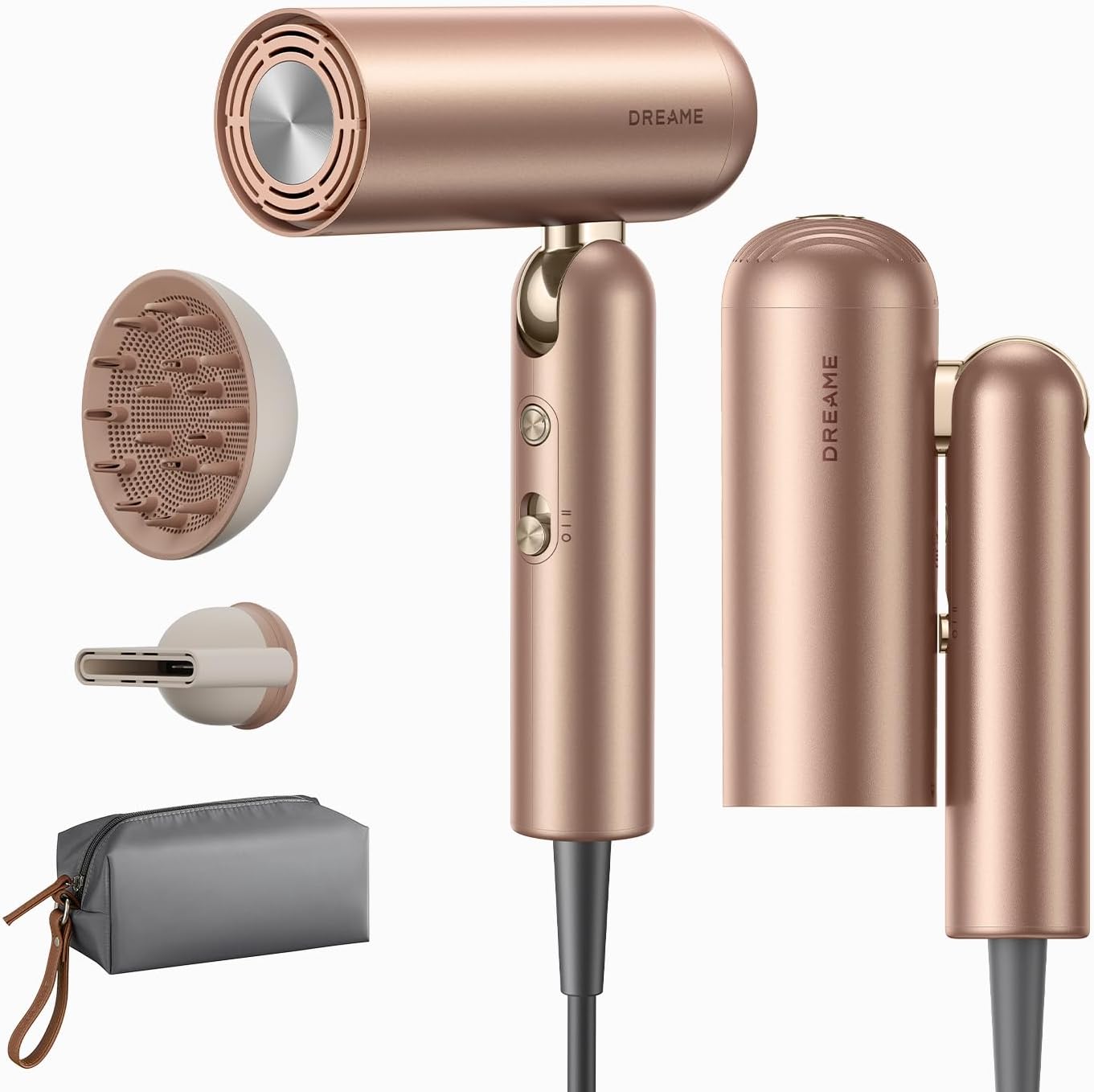 Dreame Pocket Pro Hair Dryer, Dual Voltage Travel Blow Dryer with Diffuser, 1300W Professional HighSpeed Ionic Hair Blower, Fast Drying, Low Noise, Lightweight, No Heat Damage, Global Travel 120V/240V