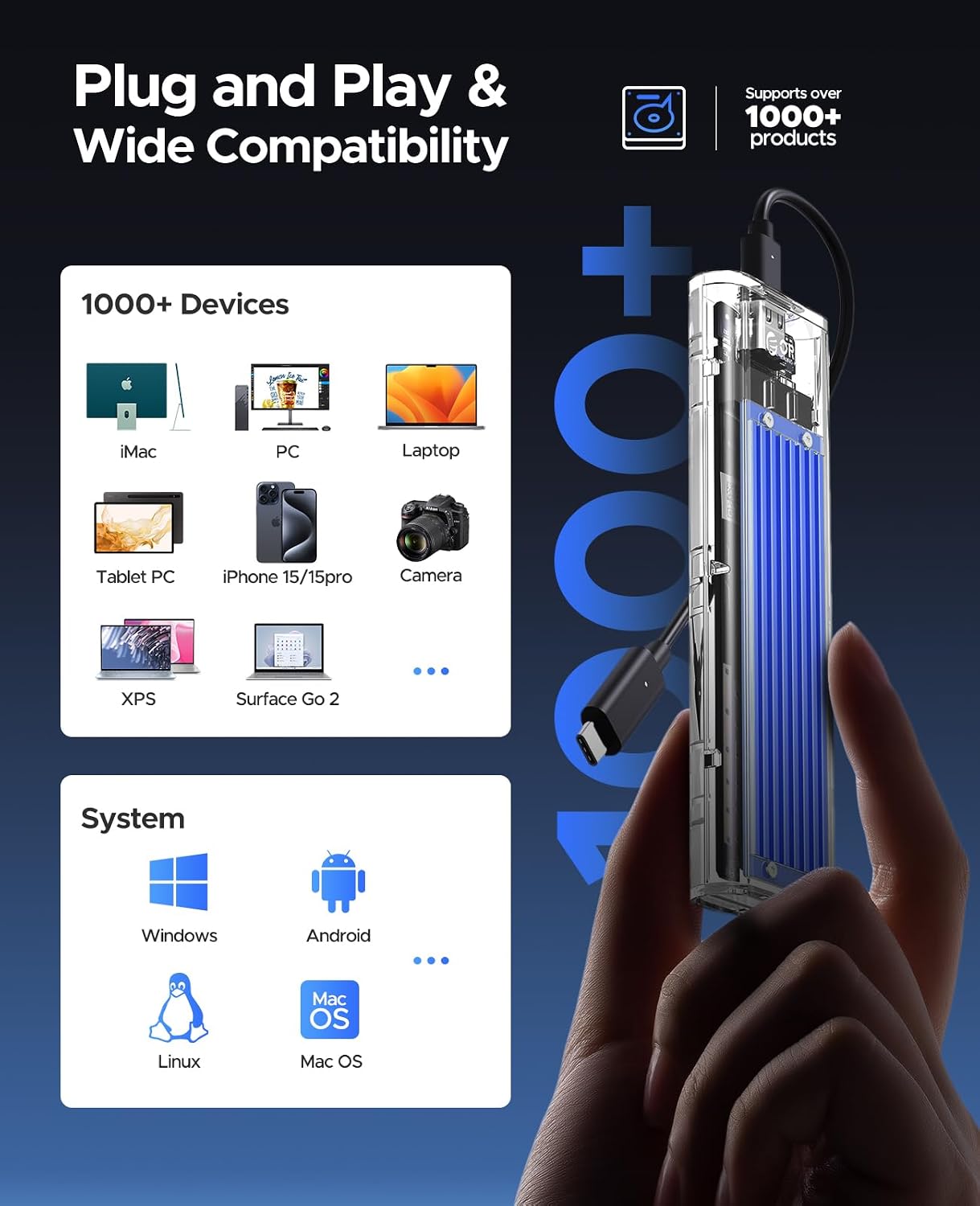 ORICO M.2 NVME Enclosure Adapter, USB 3.2 Gen 2 (10 Gbps), Transparent External Solid State Drive Adapter Enclosure for 2280 2260 2242 2230 PCI-E M2 M-Key SSD, USB Type C Converter Case (TCM2-Blue)