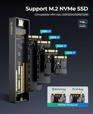 ORICO M.2 NVMe SSD Enclosure, USB 3.1 Gen 2 (10 Gbps) to NVMe PCI-E M.2 SSD Case Support UASP for NVMe SSD Size 2230/2242/2260/2280(up to 4TB) (M.2 NVMe)