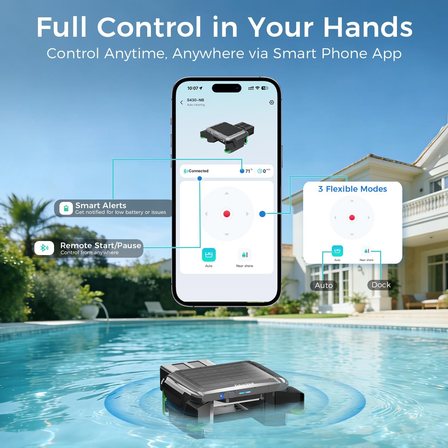 Solar Powered Pool Skimmer Robotic, Automatic Pool Surface Cleaner with APP Support, 24/7 Continuous Cleaning, Dual Charging Modes, Twin Salt Chlorine Tolerant Motors, Ideal for All Swimming Pool