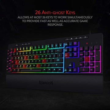 Redragon Shiva K512 RGB Backlit Membrane Wired Gaming Keyboard with Multimedia Keys, 6 Extra On-Board Macro Keys, Dedicated Media Control, Detachable Wrist Rest- Black